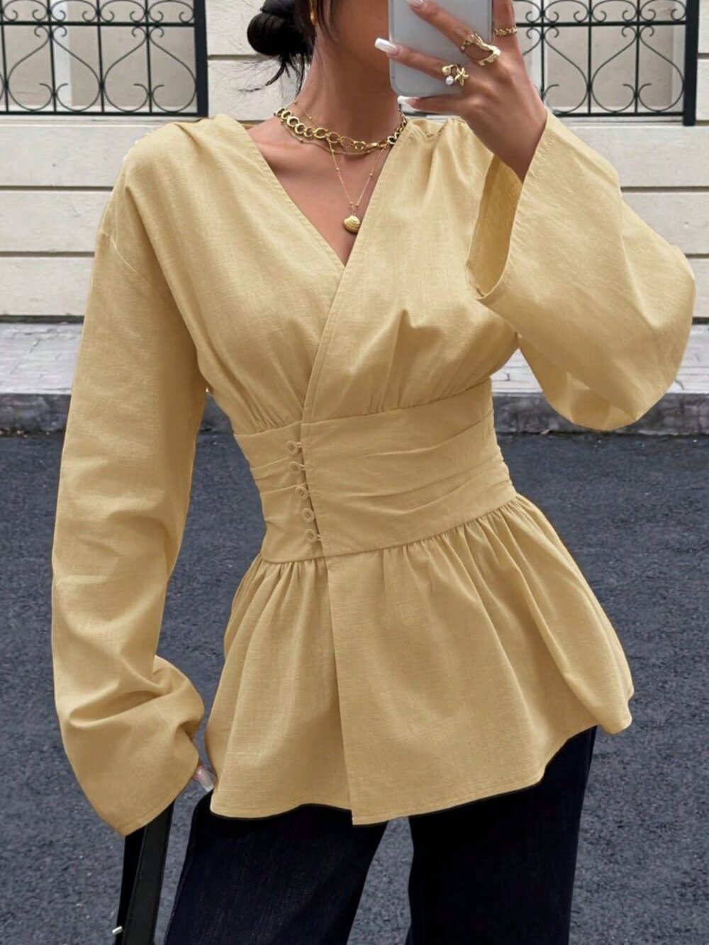 Light Yellow Elegant Women's Cinched V-Neck Sleeve Blouse